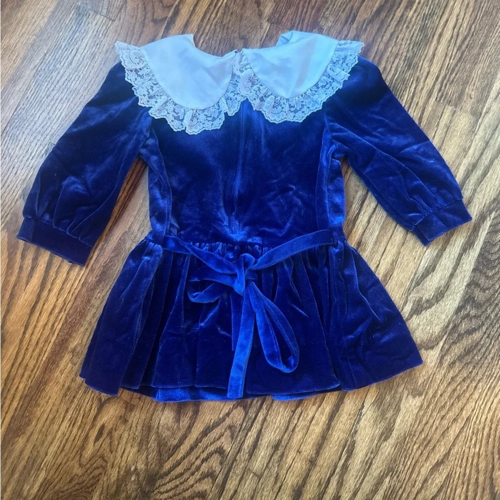 Vintage Rare Editions Blue Velvet Holiday Dress Lace Collar Girls 2T